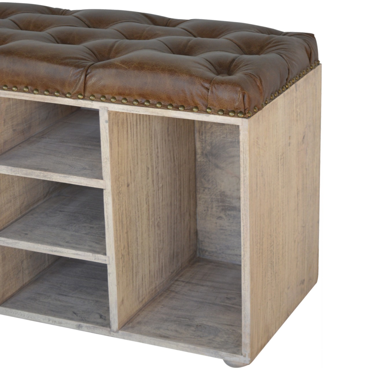Solid Mango Wood Stone Wash Finished Leather Upholstered Shoe Storage Bench - Image 5