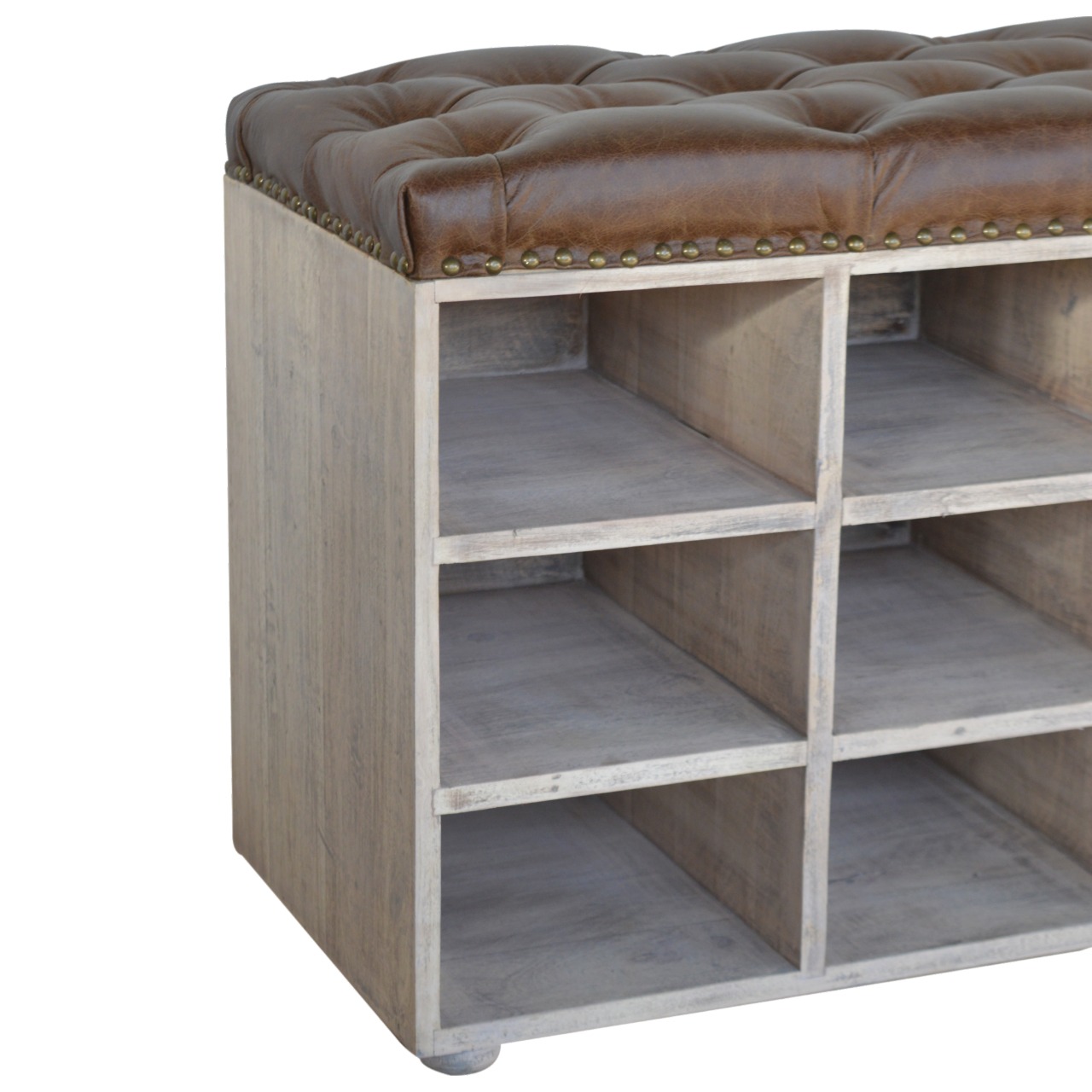Solid Mango Wood Stone Wash Finished Leather Upholstered Shoe Storage Bench - Image 6
