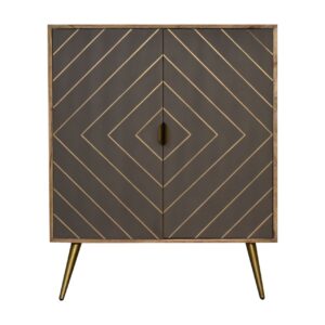 Solid Mango Wood Oak Finish 2 Cement Brass Inlay Door Cabinet