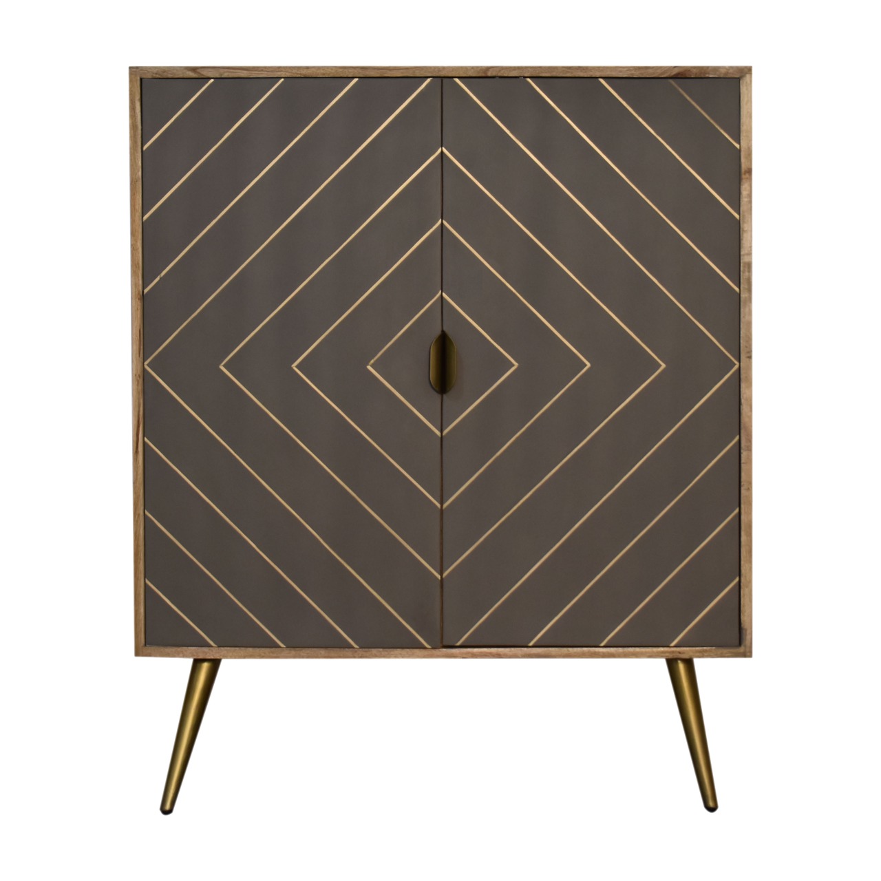 Solid Mango Wood Oak Finish 2 Cement Brass Inlay Door Cabinet