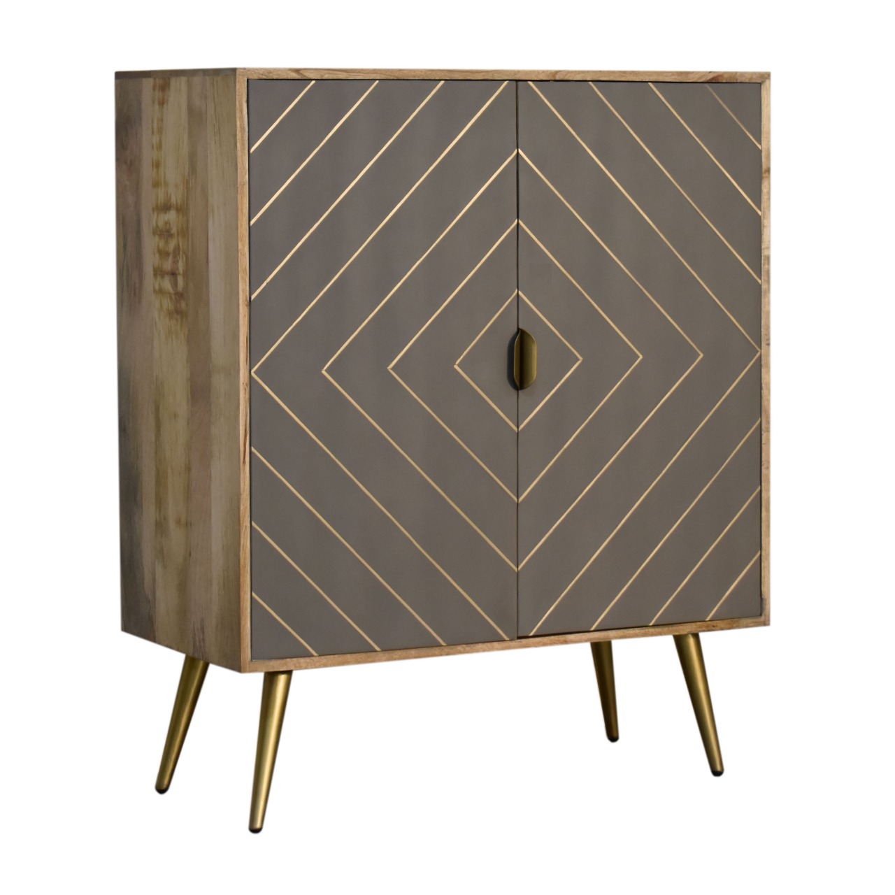 Solid Mango Wood Oak Finish 2 Cement Brass Inlay Door Cabinet - Image 2