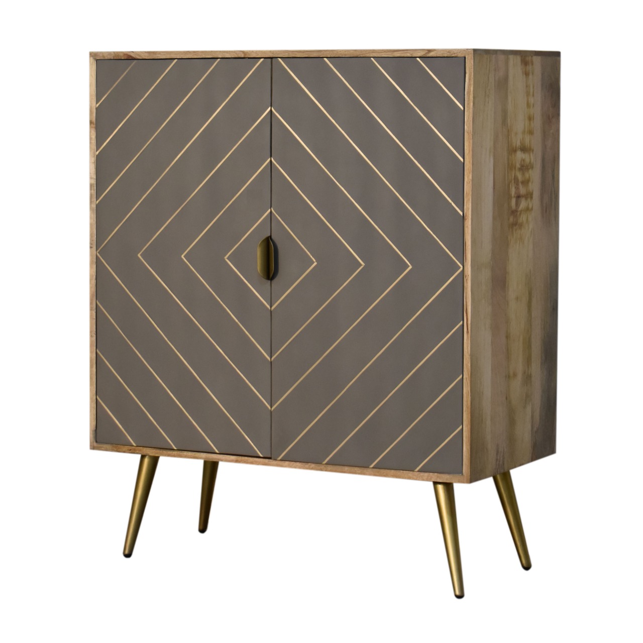 Solid Mango Wood Oak Finish 2 Cement Brass Inlay Door Cabinet - Image 3