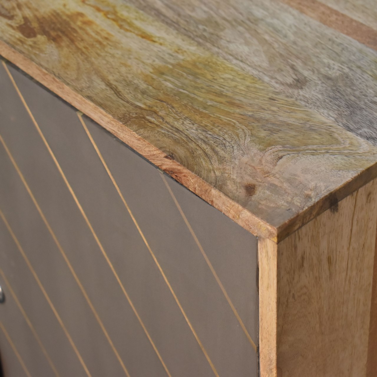 Solid Mango Wood Oak Finish 2 Cement Brass Inlay Door Cabinet - Image 5