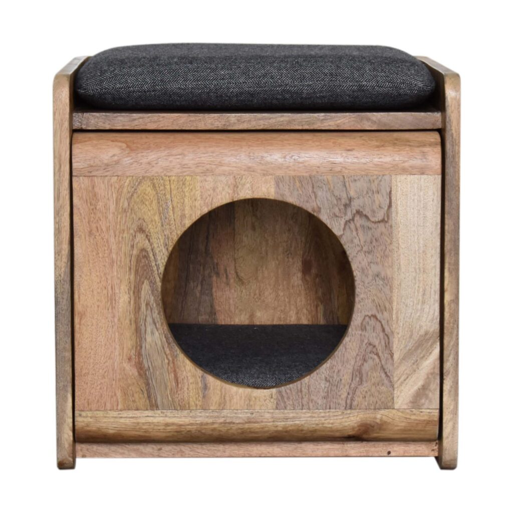 Solid Mango Wood Oak Finished Round Cut-out Pet Bed with Black Tweed Seat Pad