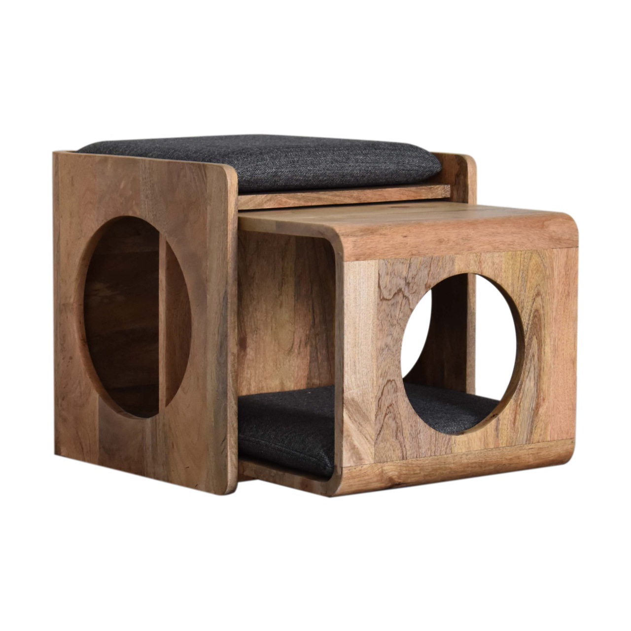 Solid Mango Wood Oak Finished Round Cut-out Pet Bed with Black Tweed Seat Pad - Image 9