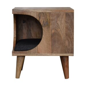 Solid Mango Wood Oak Finished Tweed Upholstered Nordic Cut-out Pet Bed