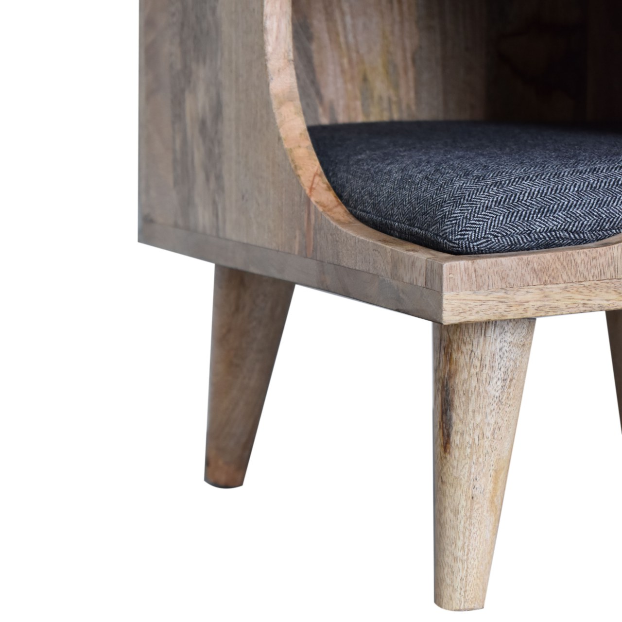 Solid Mango Wood Oak Finished Tweed Upholstered Nordic Cut-out Pet Bed - Image 6