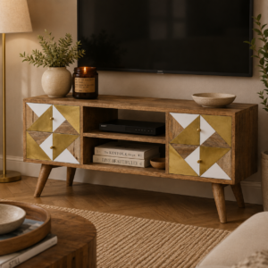 Solid Mango Wood Oak Finished 4 Drawer Media Unit with Brass and Faux Marble Inlay