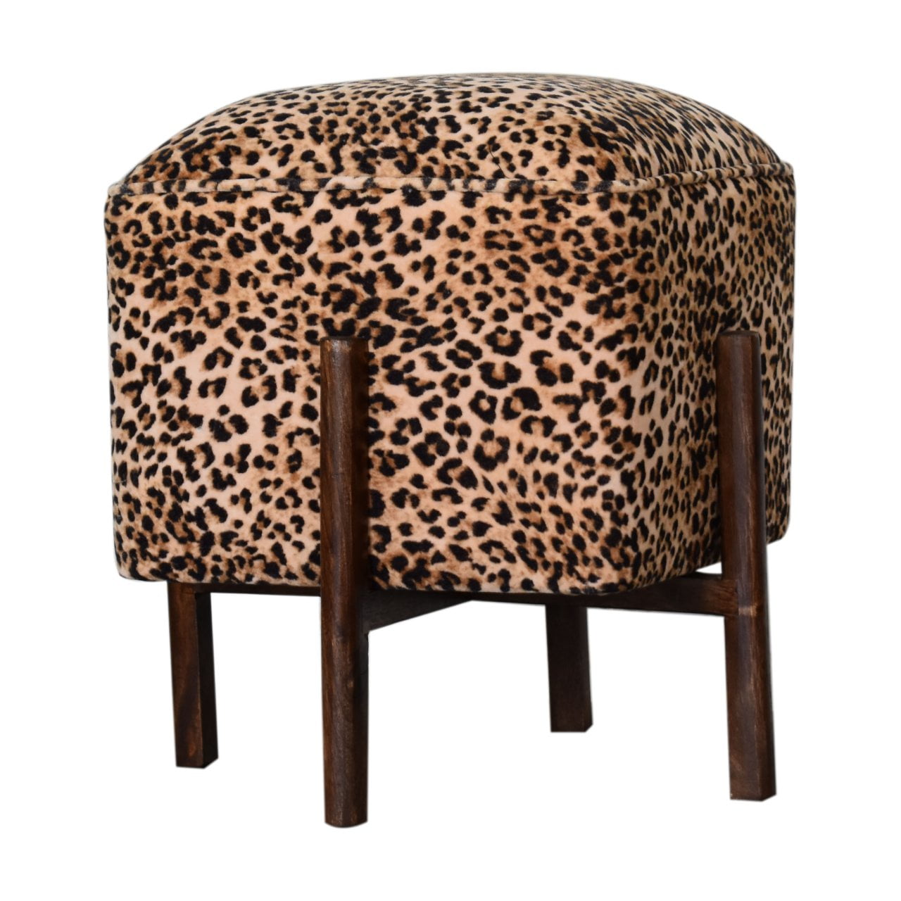 Solid Walnut Finished Mango Wood Leopard Printed Velvet Footstool - Image 2