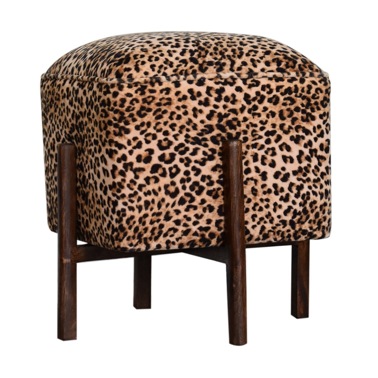 Solid Walnut Finished Mango Wood Leopard Printed Velvet Footstool - Image 8