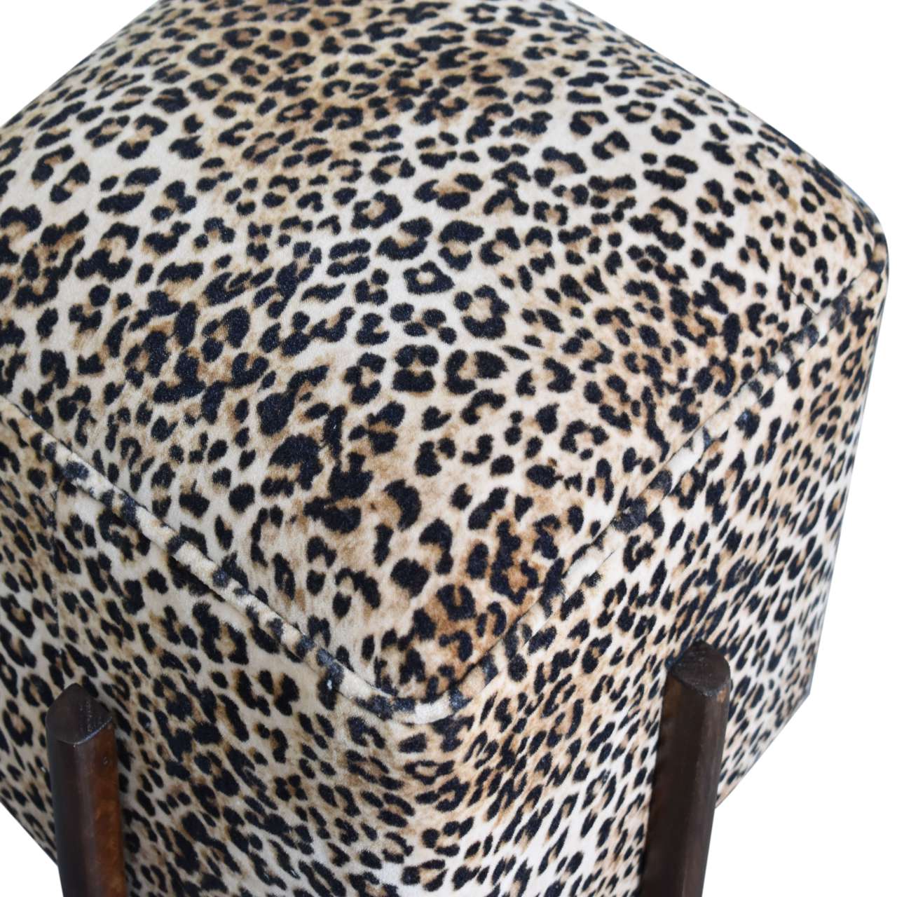 Solid Walnut Finished Mango Wood Leopard Printed Velvet Footstool - Image 4