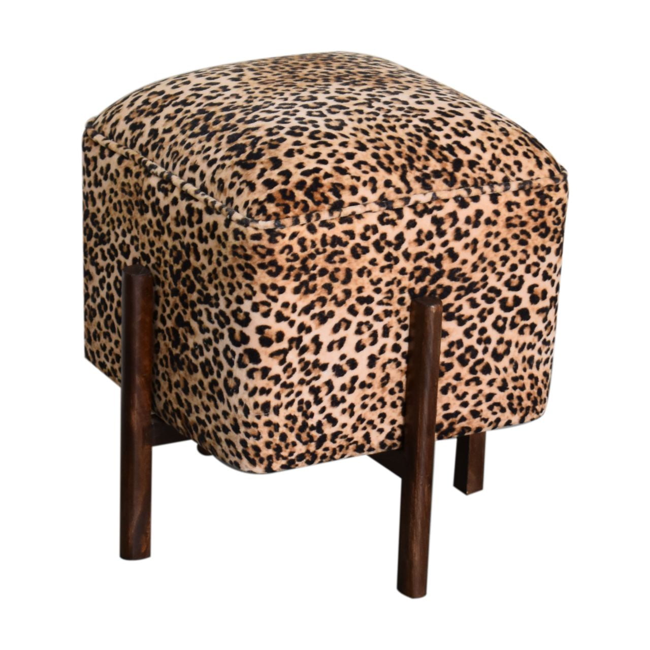 Solid Walnut Finished Mango Wood Leopard Printed Velvet Footstool - Image 3