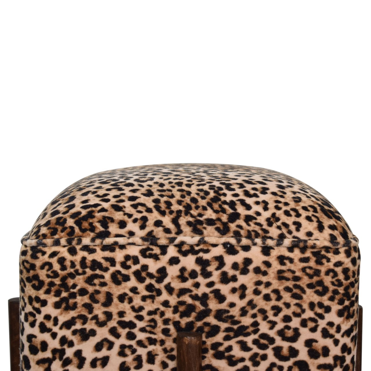 Solid Walnut Finished Mango Wood Leopard Printed Velvet Footstool - Image 7