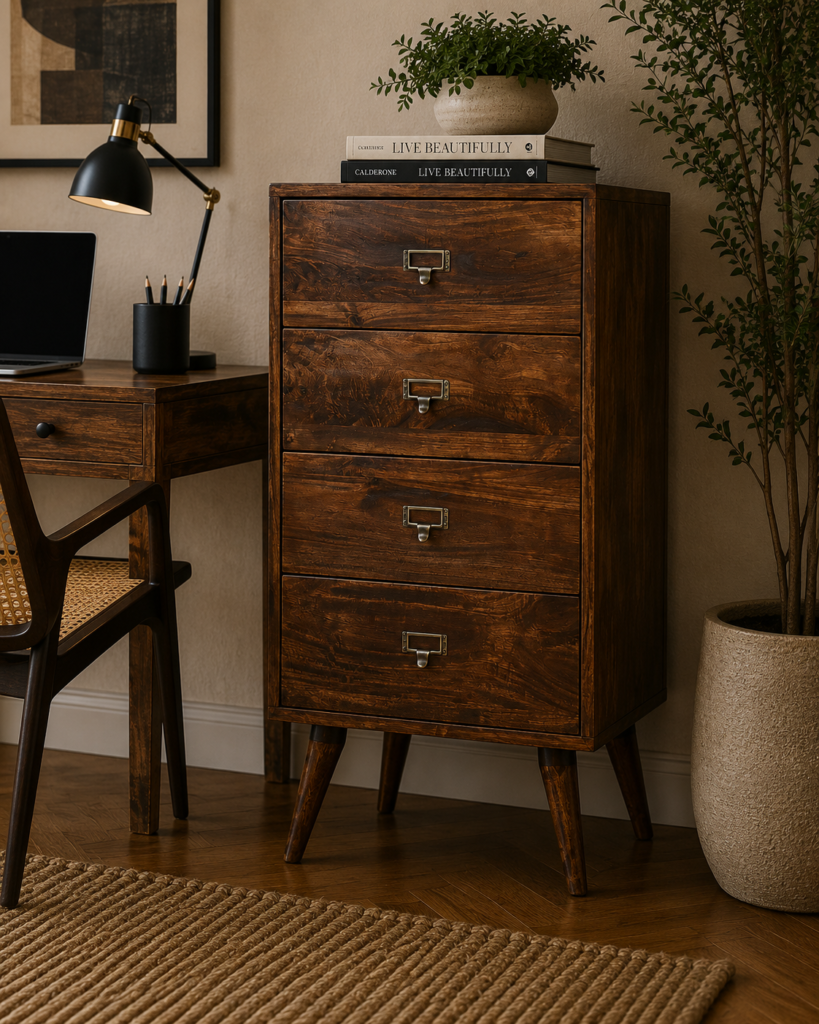 Solid Mango Wood Chestnut Finished Scandinavian Style Four Drawer Filing Cabinet