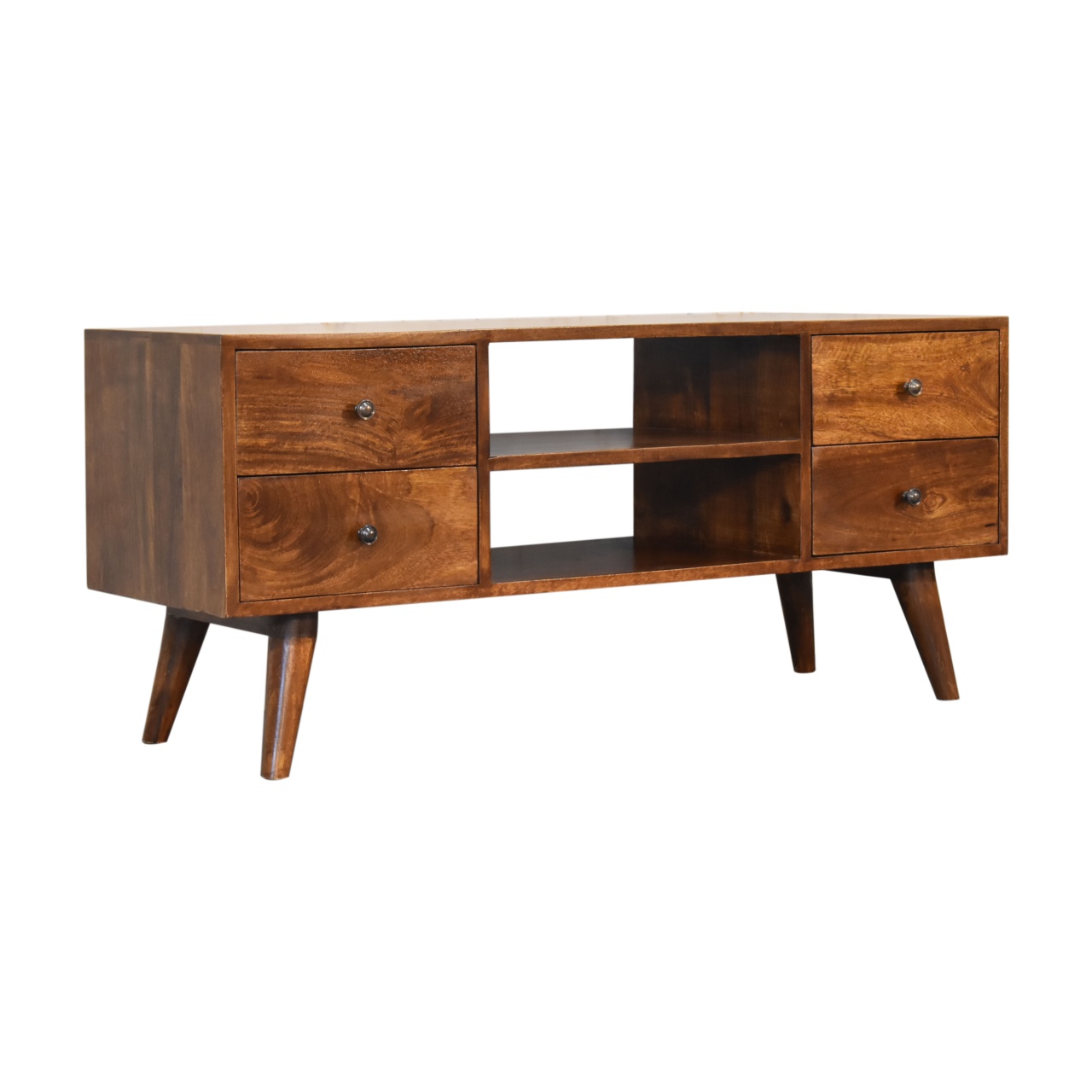 Solid Mango Wood Chestnut Finished 4 Drawer Scandinavian Style Media Unit - Image 2