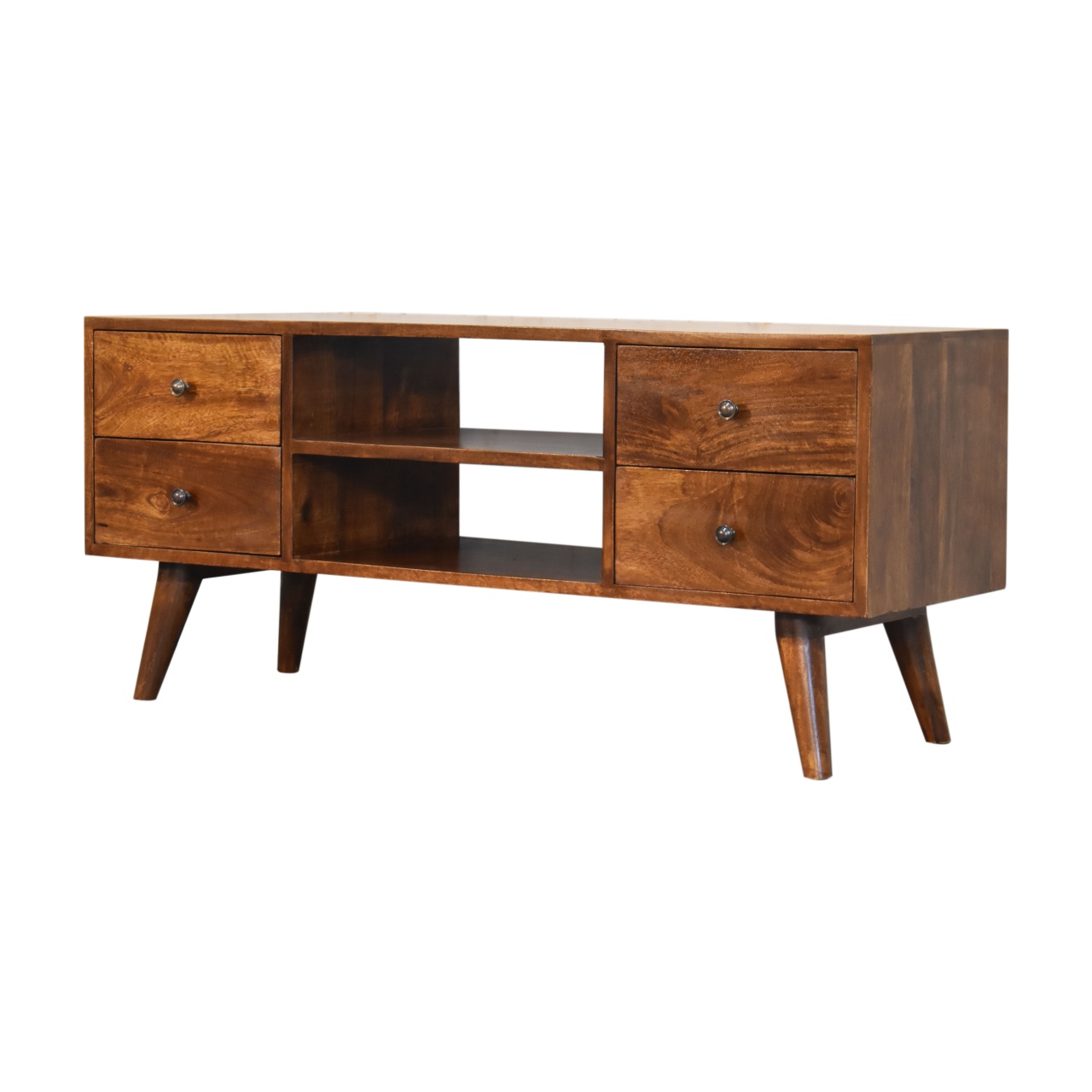 Solid Mango Wood Chestnut Finished 4 Drawer Scandinavian Style Media Unit - Image 3