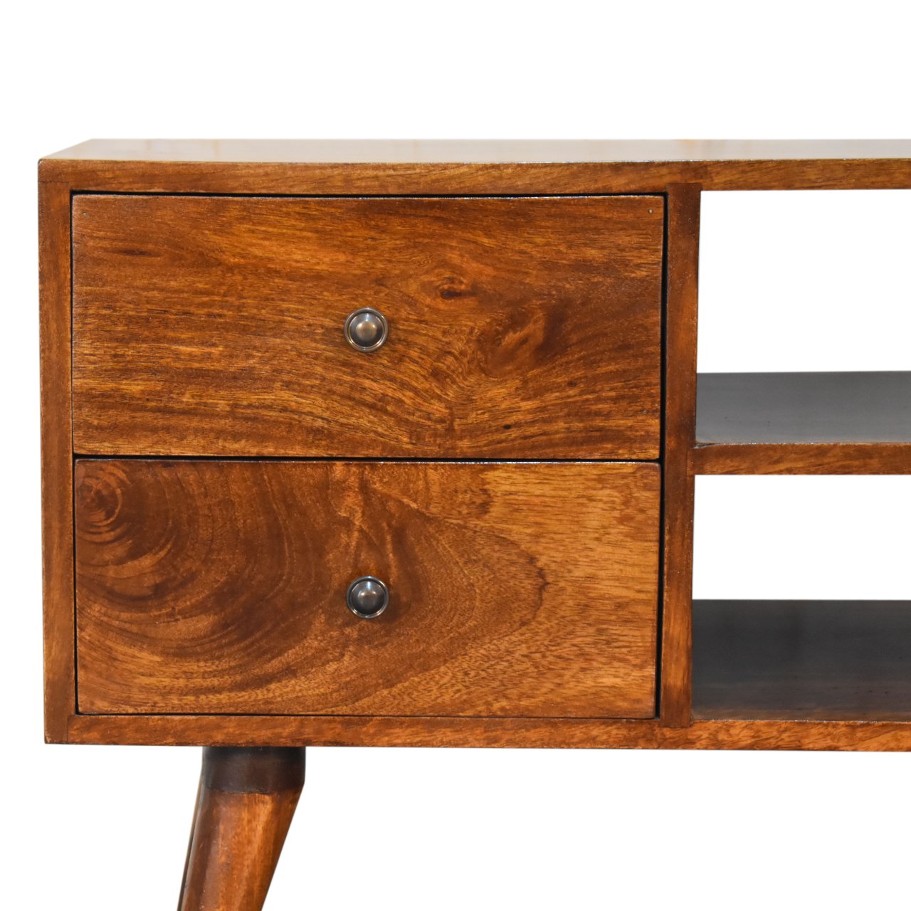 Solid Mango Wood Chestnut Finished 4 Drawer Scandinavian Style Media Unit - Image 4