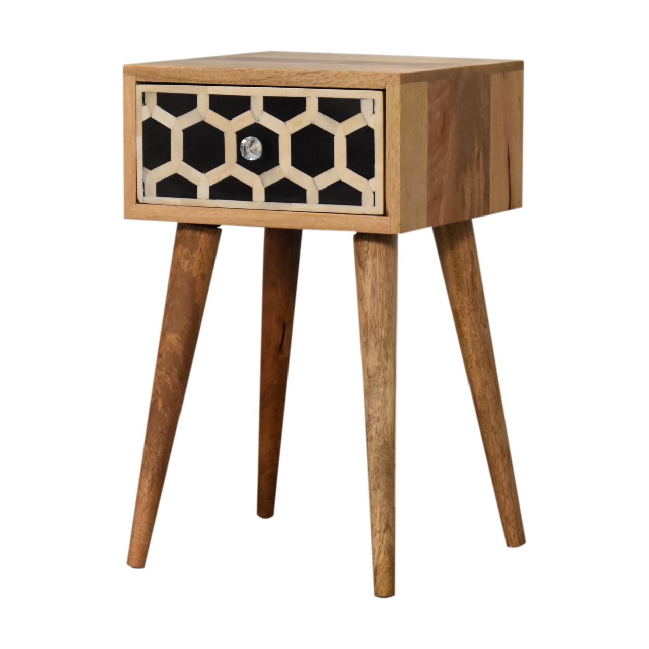 Solid Mango Wood Oak Finished Mini Bone Inlay 1 Drawer Bedside - Image 2
