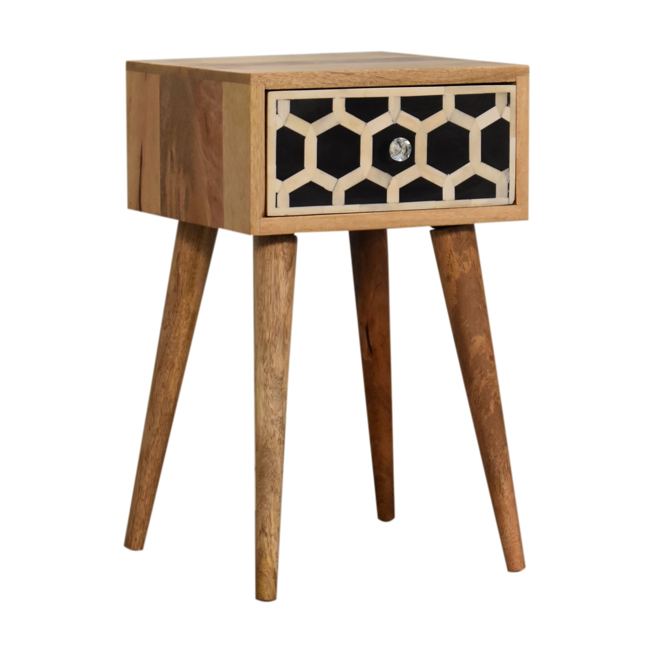 Solid Mango Wood Oak Finished Mini Bone Inlay 1 Drawer Bedside - Image 3