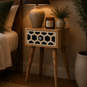 Solid Mango Wood Oak Finished Mini Bone Inlay 1 Drawer Bedside