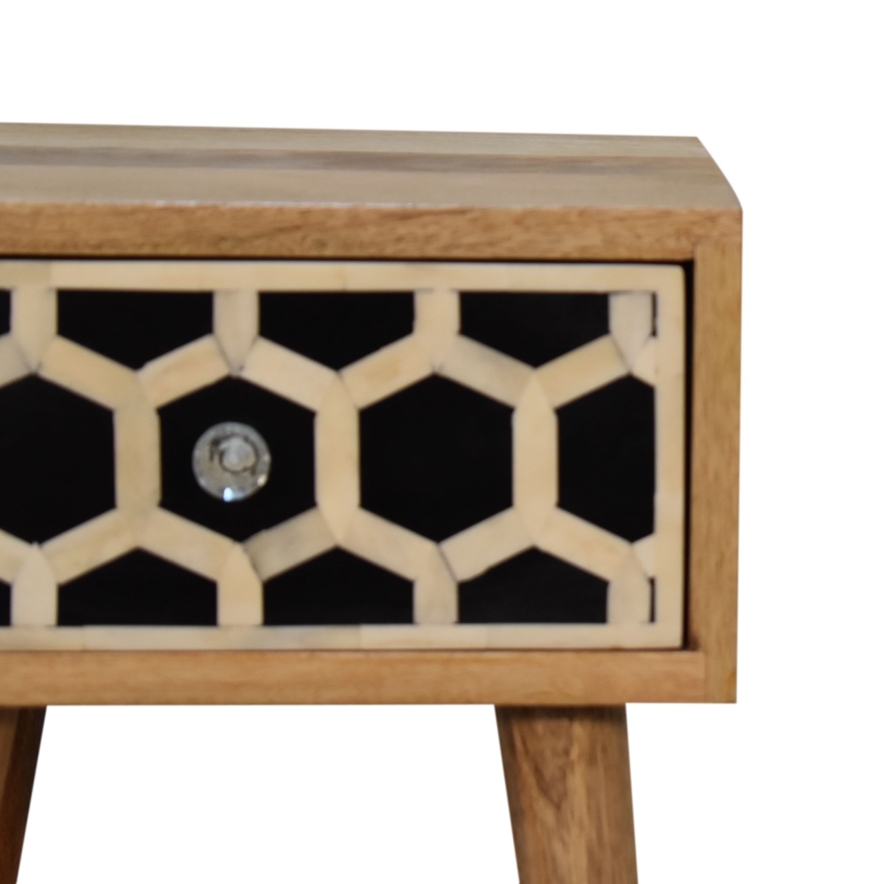 Solid Mango Wood Oak Finished Mini Bone Inlay 1 Drawer Bedside - Image 4