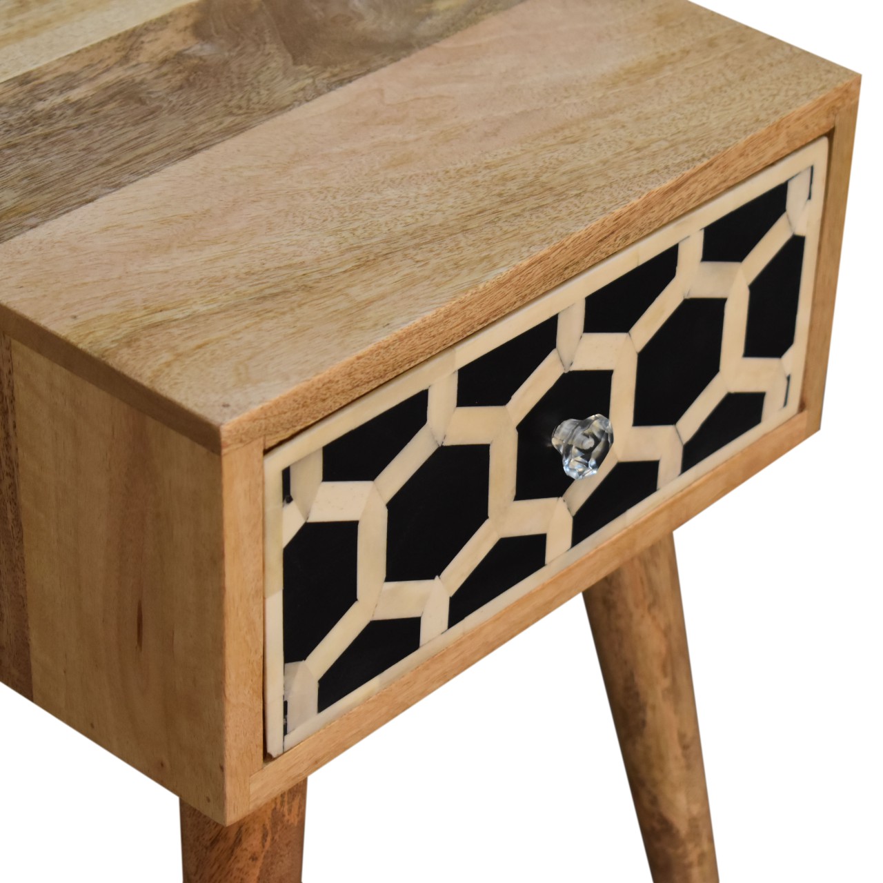 Solid Mango Wood Oak Finished Mini Bone Inlay 1 Drawer Bedside - Image 5