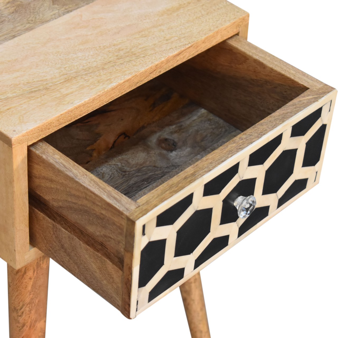 Solid Mango Wood Oak Finished Mini Bone Inlay 1 Drawer Bedside - Image 6