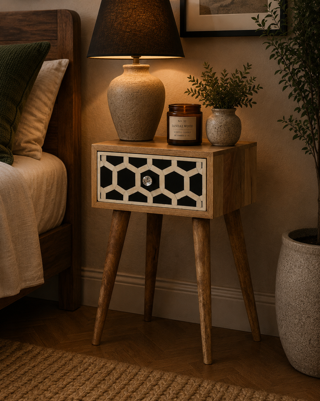 Solid Mango Wood Oak Finished Mini Bone Inlay 1 Drawer Bedside