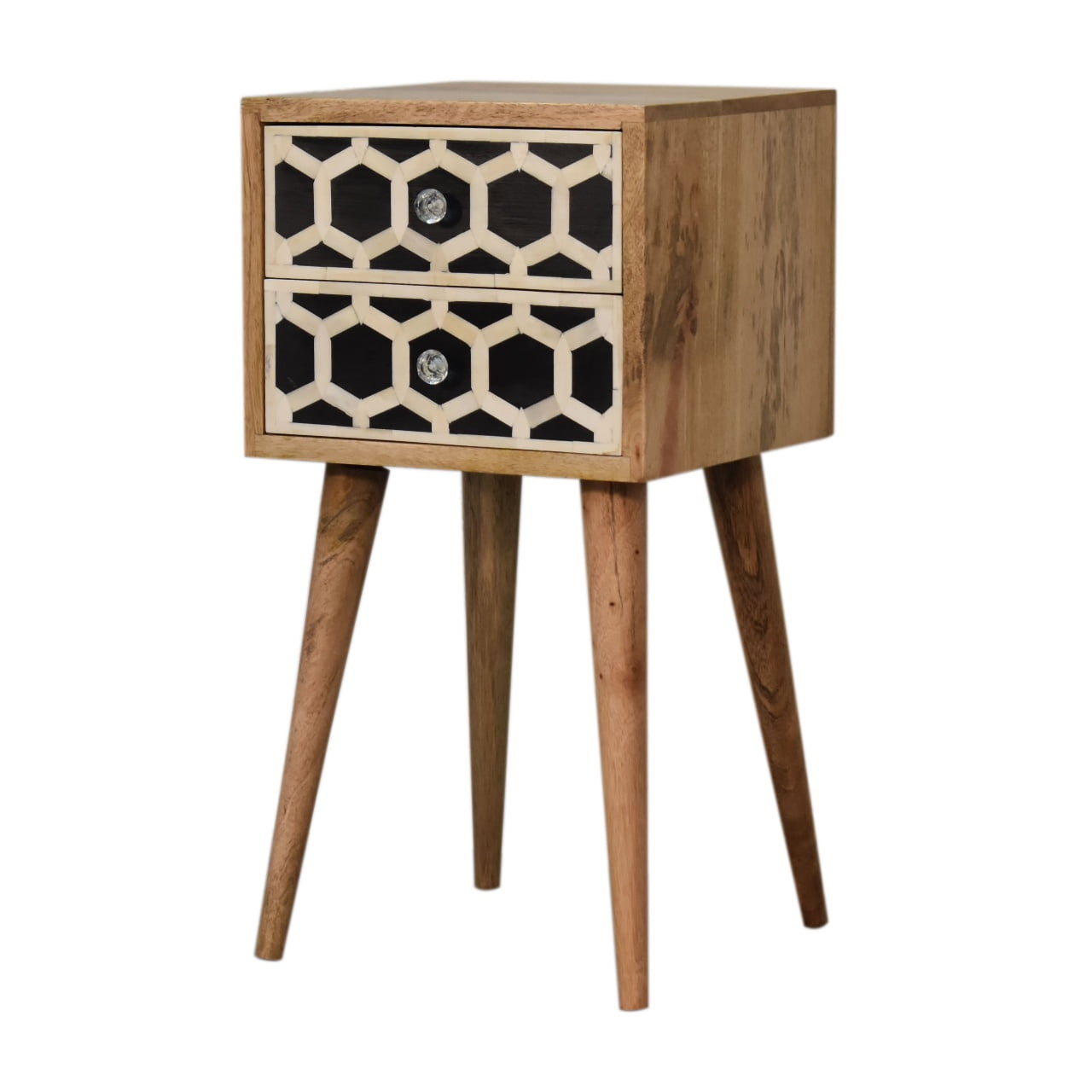 Solid Mango Wood Oak Finished 2 Drawer Mini Bone Inlay Bedside - Image 2