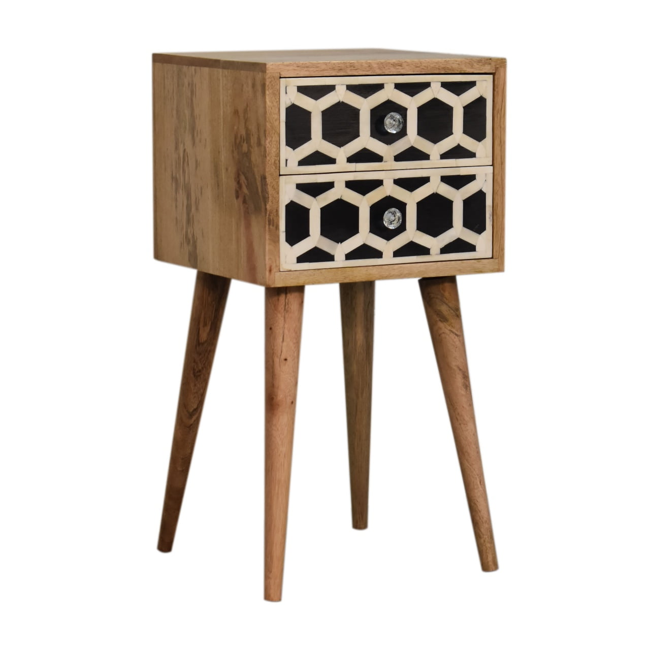 Solid Mango Wood Oak Finished 2 Drawer Mini Bone Inlay Bedside - Image 3