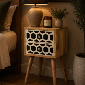 Solid Mango Wood Oak Finished 2 Drawer Mini Bone Inlay Bedside