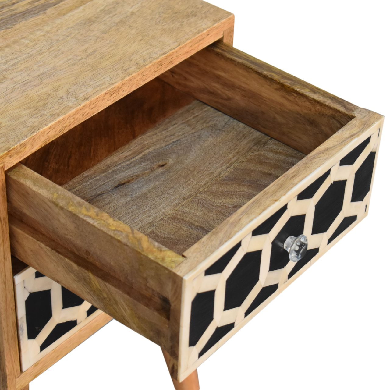 Solid Mango Wood Oak Finished 2 Drawer Mini Bone Inlay Bedside - Image 6