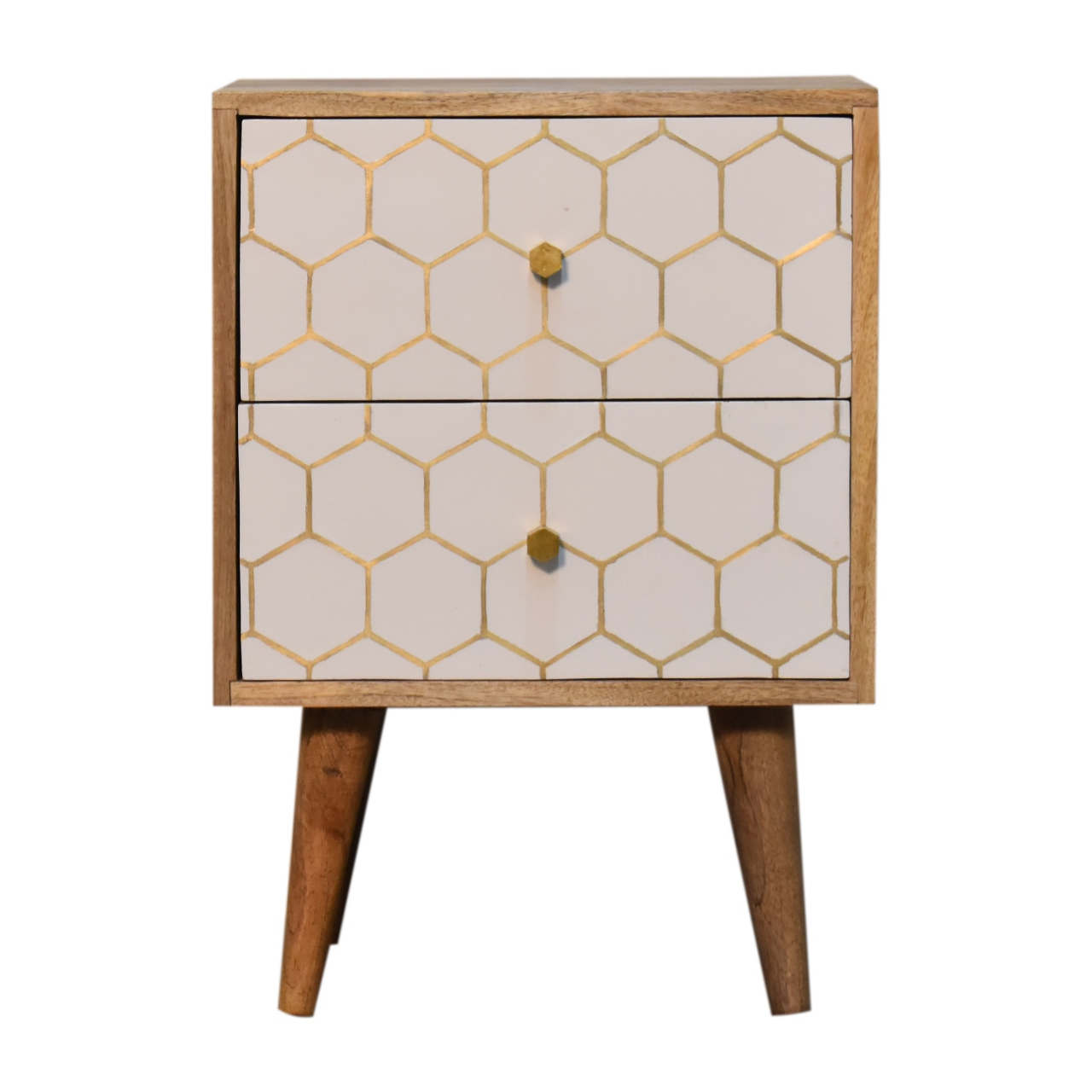 Solid Mango Wood Oak Finished White Front with Brass Inlay 2 Drawer Cassia Bedside
