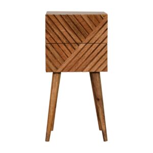 Solid Mango Wood Oak Mini Lillie Scandinavian Style 2 Drawer Line Carved Bedside