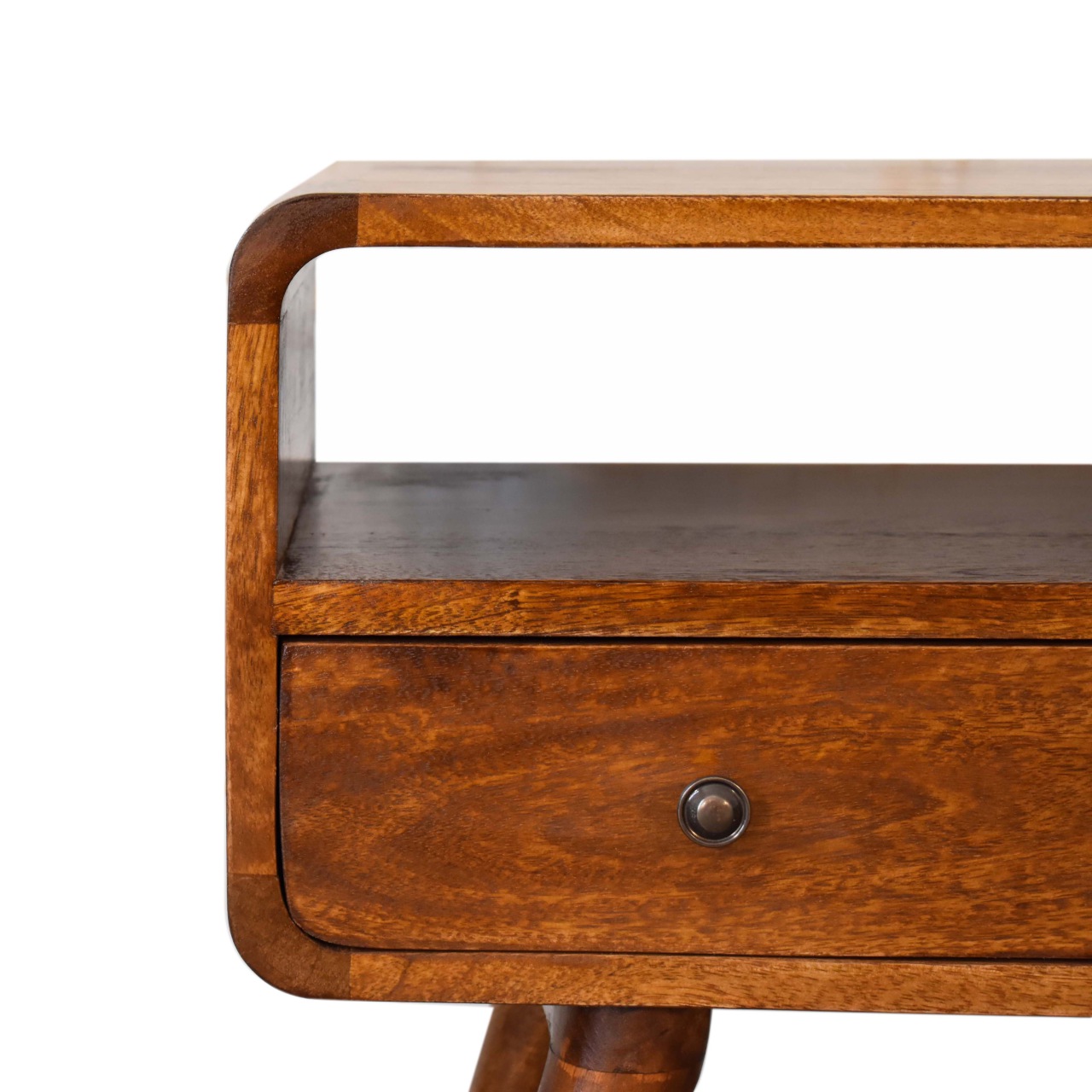 Solid Mango Wood Mini Chestnut Curved Media Unit with 2 Drawers - Image 4