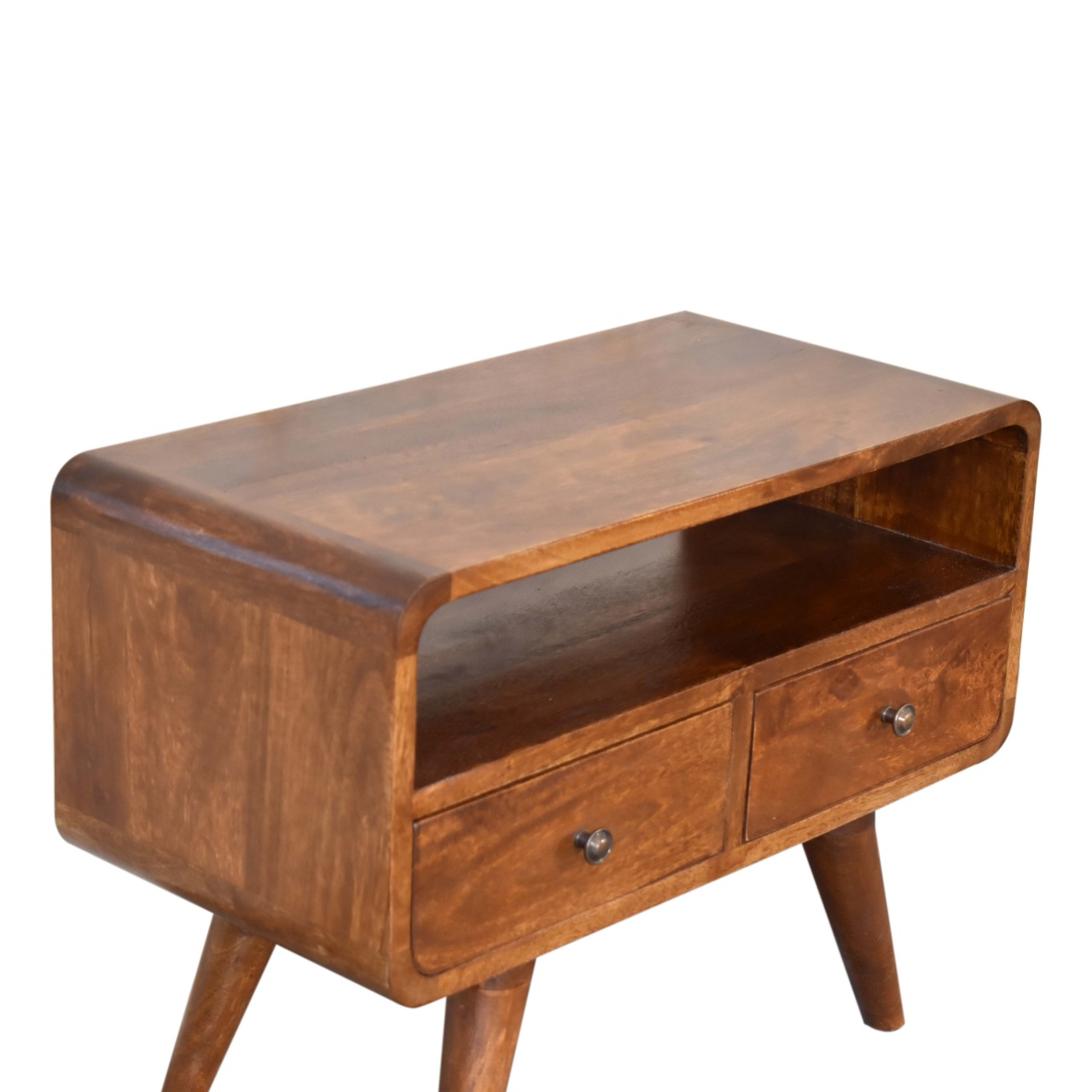 Solid Mango Wood Mini Chestnut Curved Media Unit with 2 Drawers - Image 5