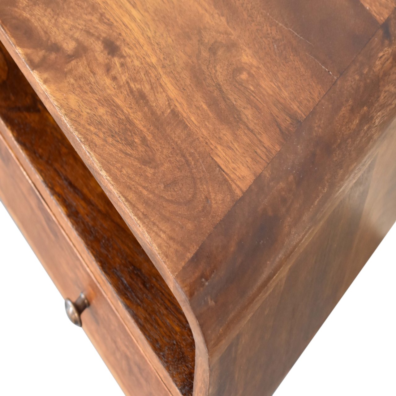 Solid Mango Wood Mini Chestnut Curved Media Unit with 2 Drawers - Image 6
