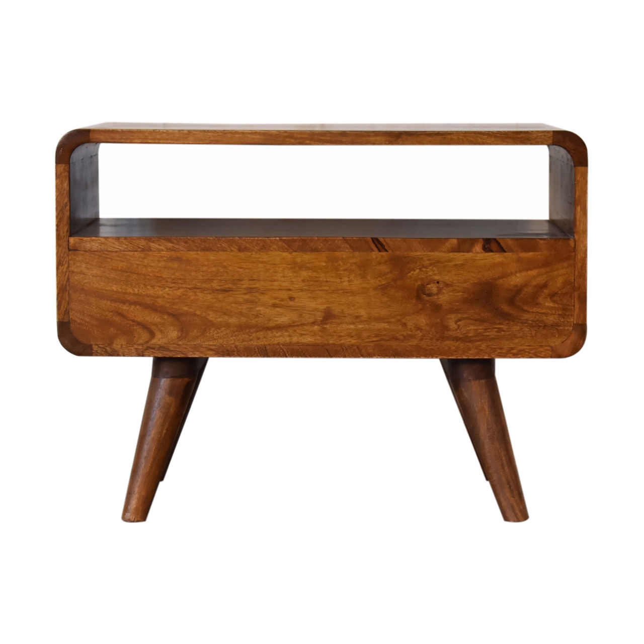 Solid Mango Wood Mini Chestnut Curved Media Unit with 2 Drawers - Image 9