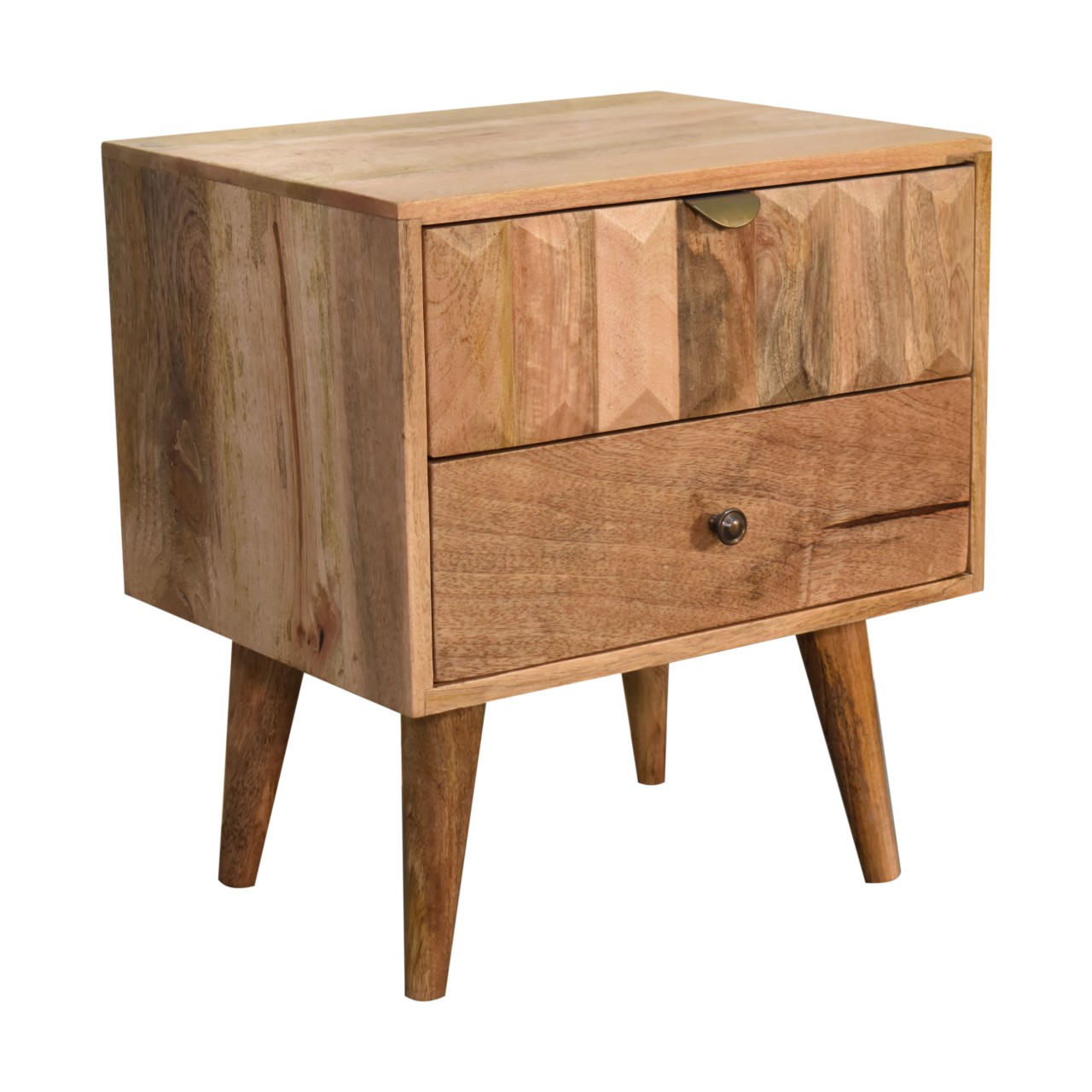 Solid Mango Wood Oak Finished Prism Carved 2 Drawer Bedside - Image 3