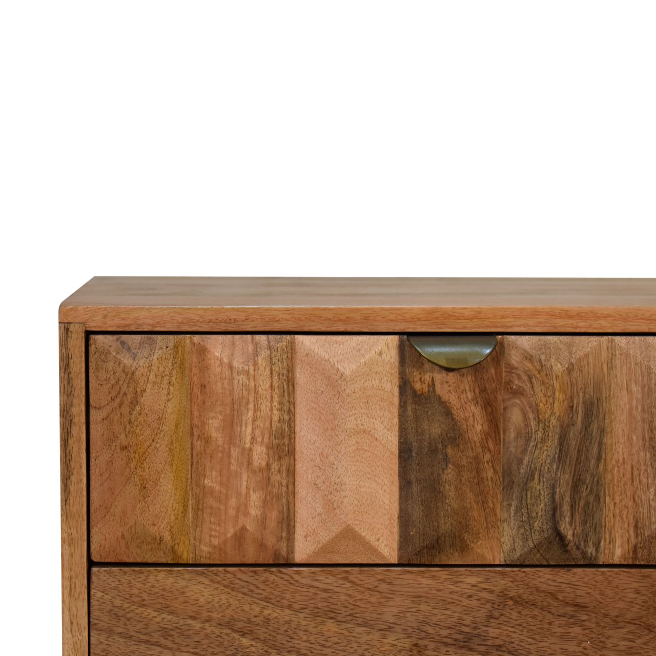 Solid Mango Wood Oak Finished Prism Carved 2 Drawer Bedside - Image 4