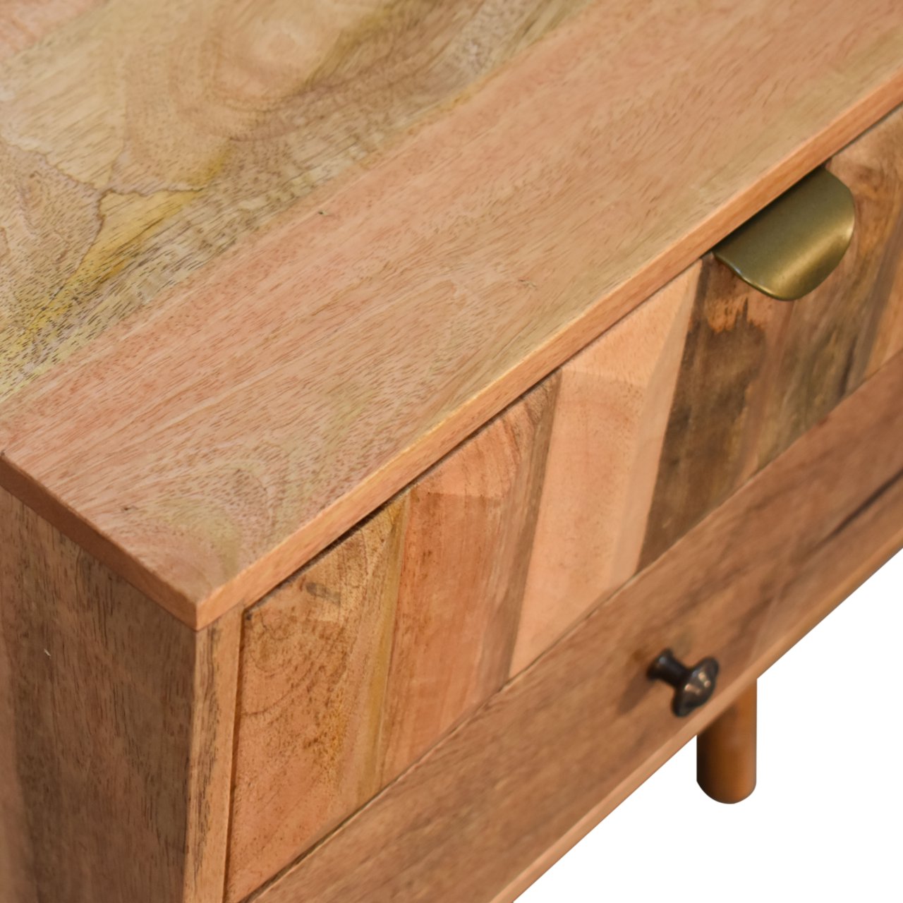 Solid Mango Wood Oak Finished Prism Carved 2 Drawer Bedside - Image 5