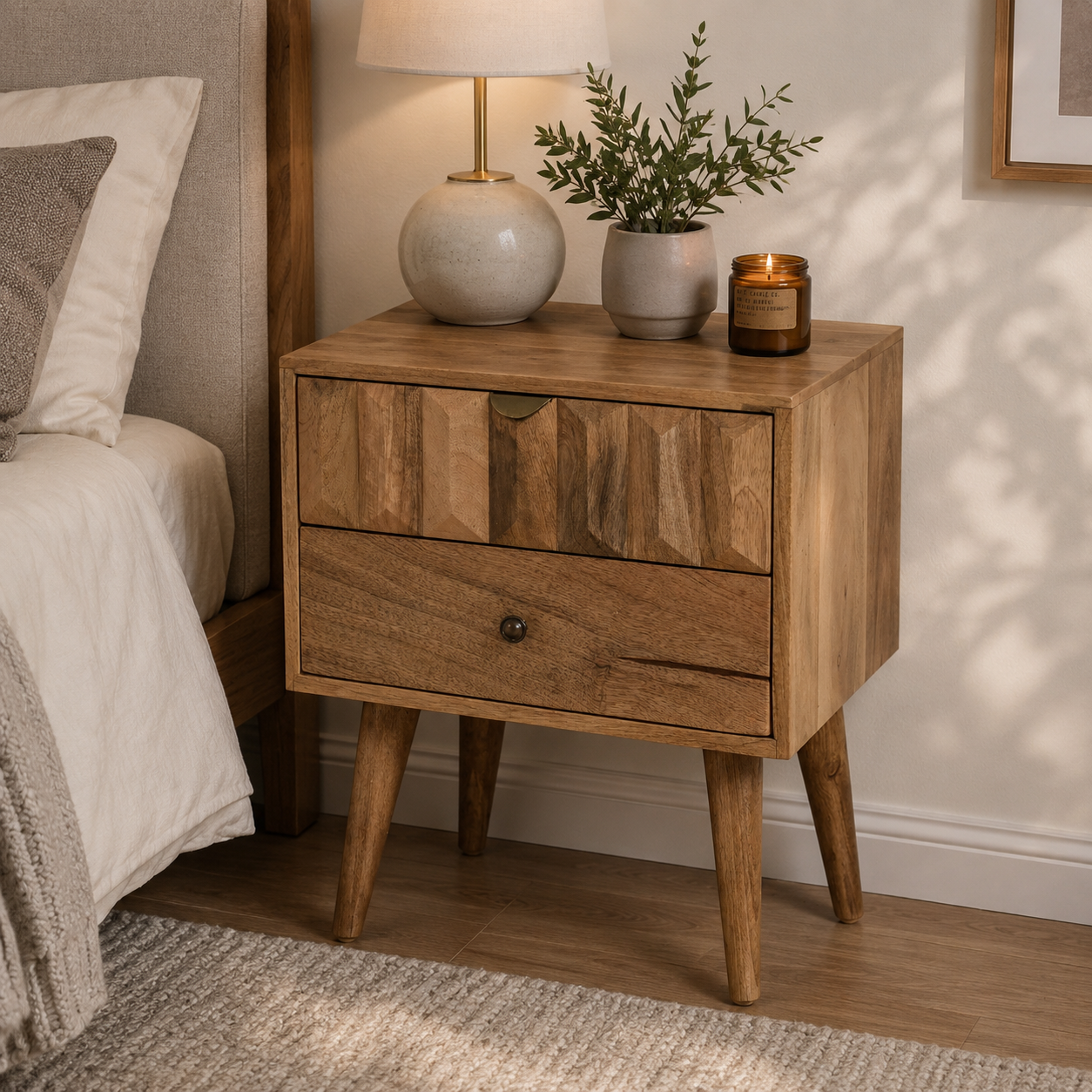 Solid Mango Wood Oak Finished Prism Carved 2 Drawer Bedside
