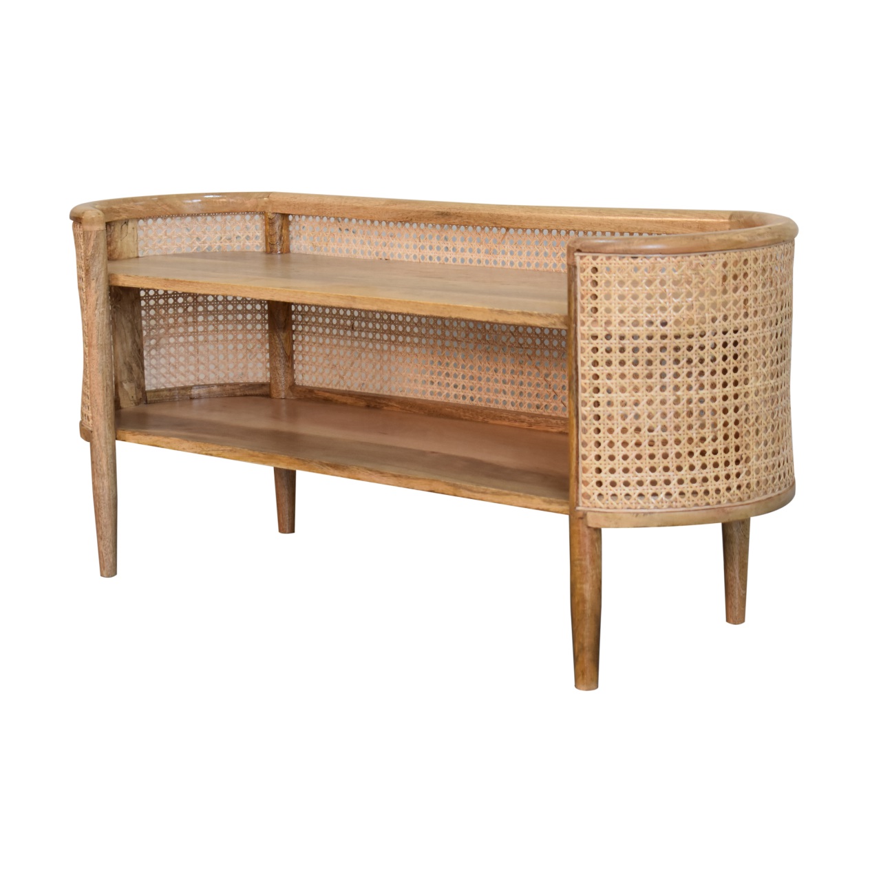 Solid Mango Wood Oak Finished Curved Open Sideboard - Image 3