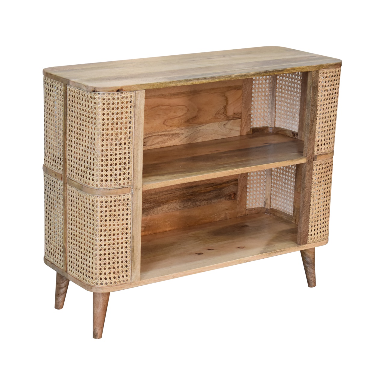 Solid Mango Wood Oak Finished with Rattan Double Open Cabinet - Image 5