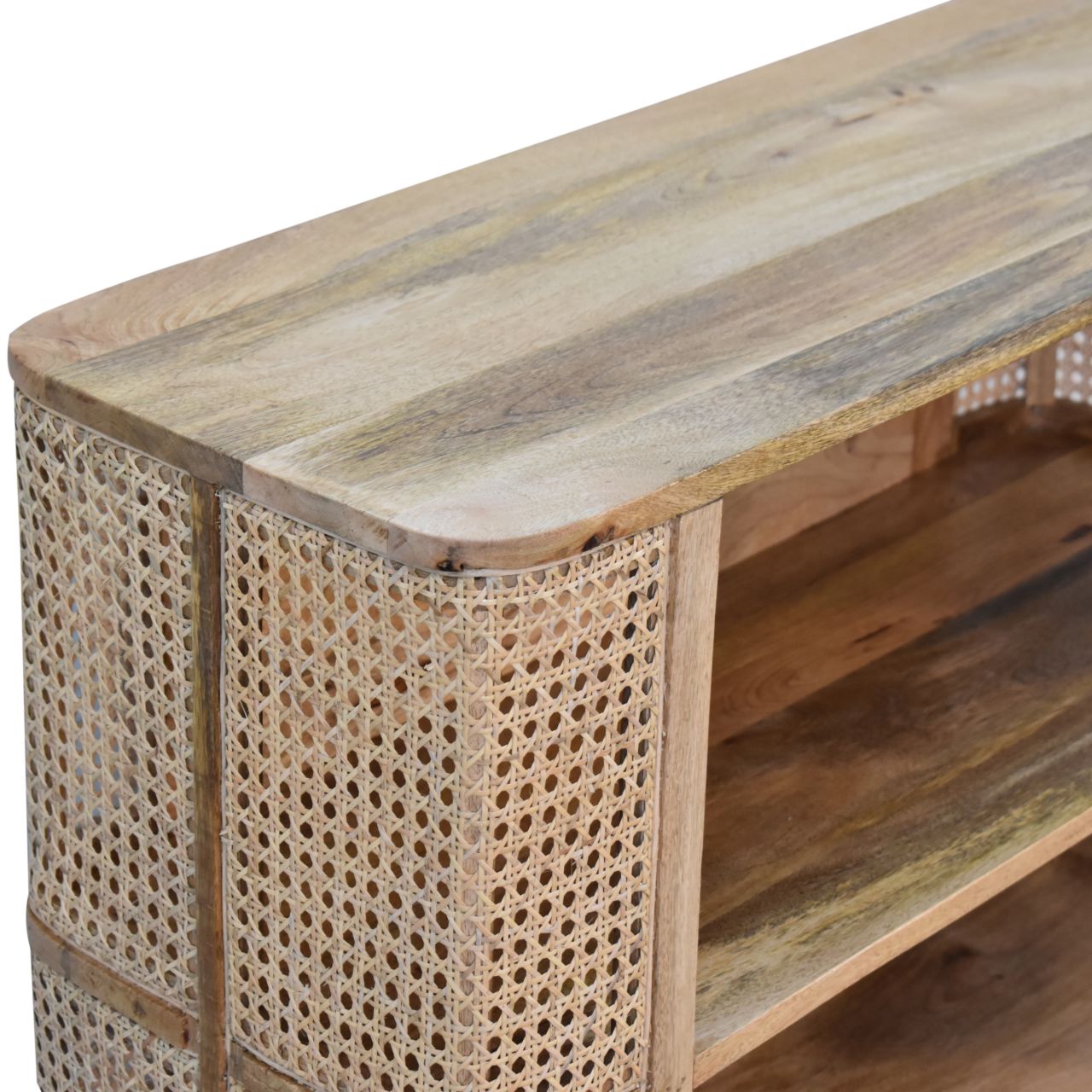 Solid Mango Wood Oak Finished with Rattan Double Open Cabinet - Image 6