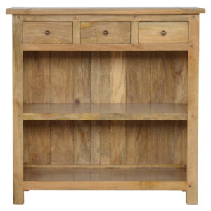 Solid Mango Wood Oak Finished 3 Drawer 2 Shelf Country Style Low Bookcase
