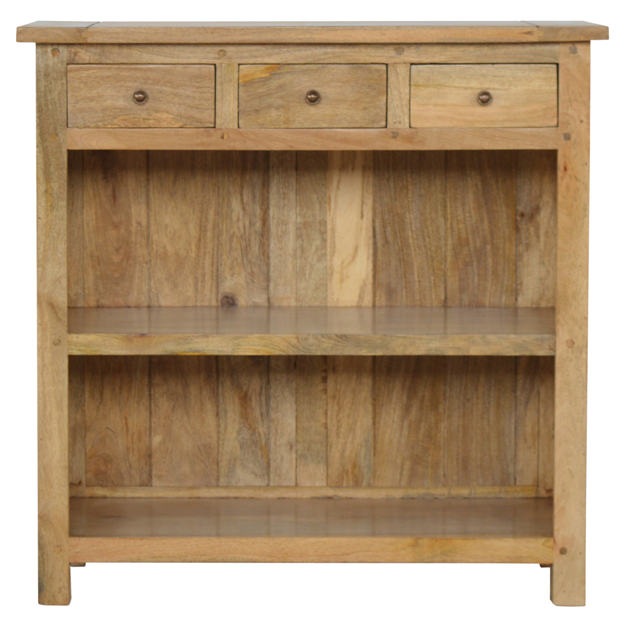 Solid Mango Wood Oak Finished 3 Drawer 2 Shelf Country Style Low Bookcase
