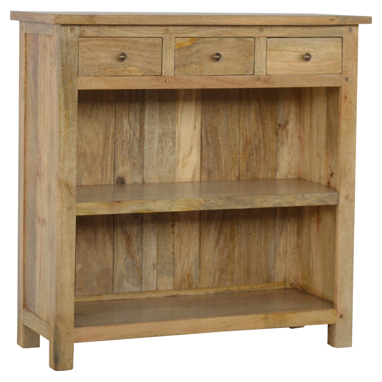 Solid Mango Wood Oak Finished 3 Drawer 2 Shelf Country Style Low Bookcase - Image 2