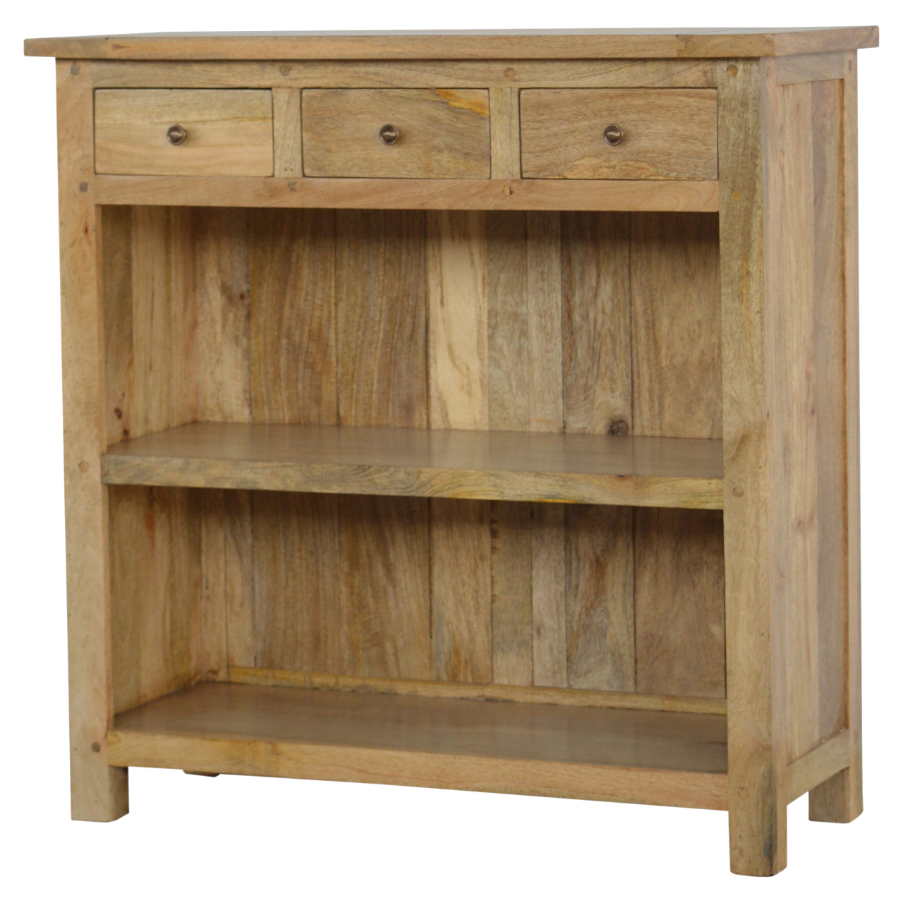 Solid Mango Wood Oak Finished 3 Drawer 2 Shelf Country Style Low Bookcase - Image 3
