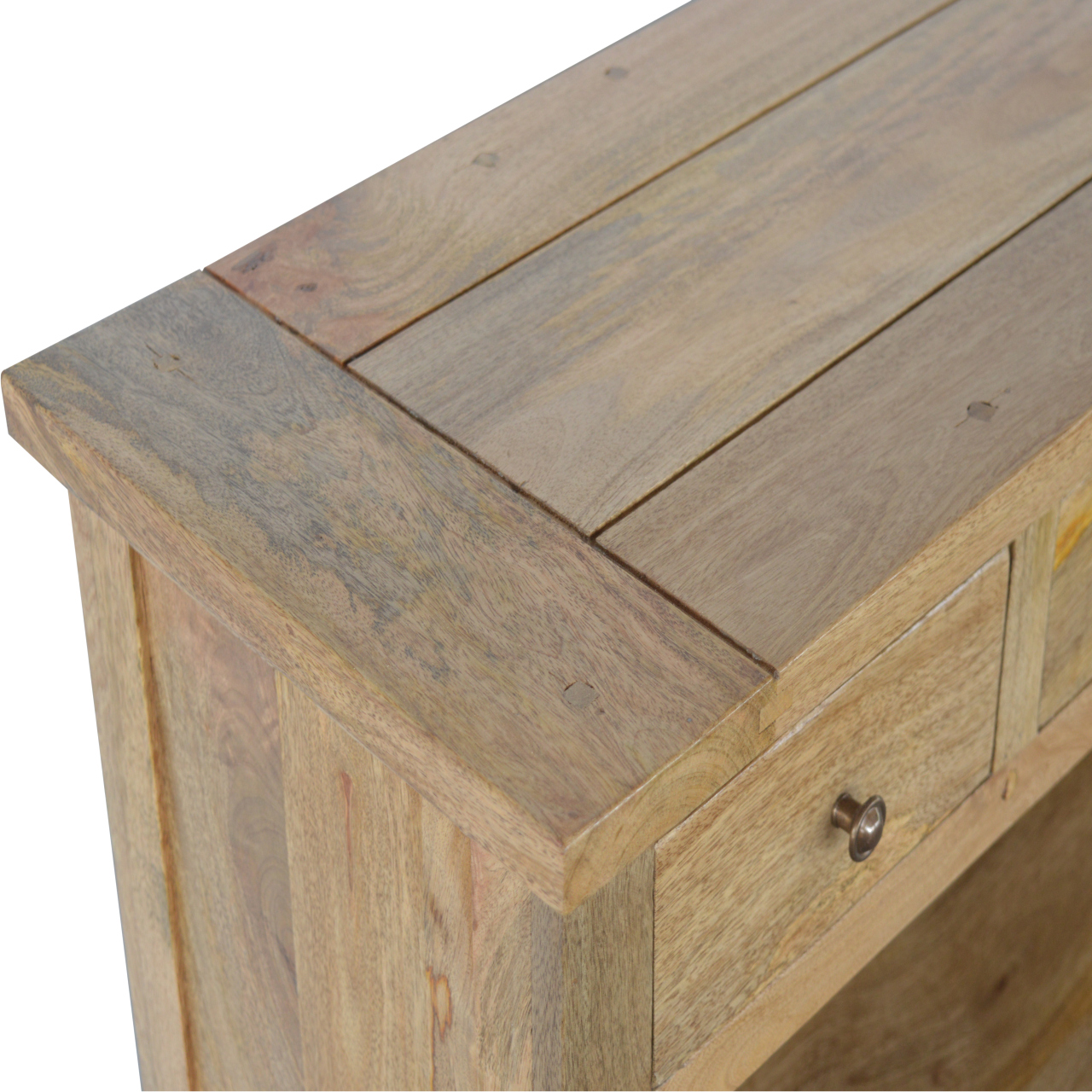 Solid Mango Wood Oak Finished 3 Drawer 2 Shelf Country Style Low Bookcase - Image 4